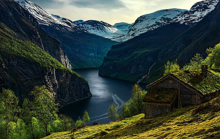 fjord, nature, Geiranger, landscape, boat, waterfall, snowy peak, HD wallpaper