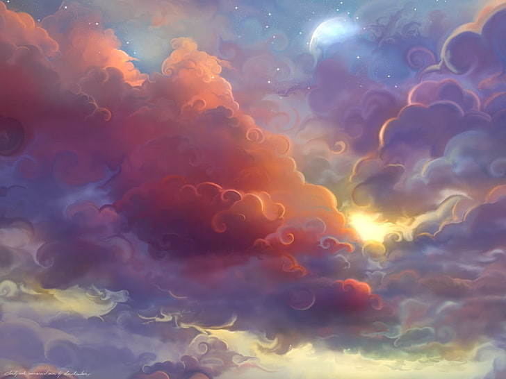 cloudy sky wallpaper, artwork, clouds, anime, colorful, Moon