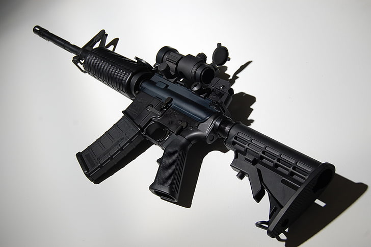 black assault rifle, weapons, background, machine, AR-15, gun, HD wallpaper