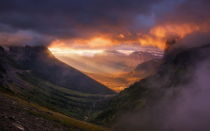 Landscape, Nature, Glacier National Park, Sunrise, Mountain, Forest, Valley, Mist, Sun Rays, Clouds, HD wallpaper