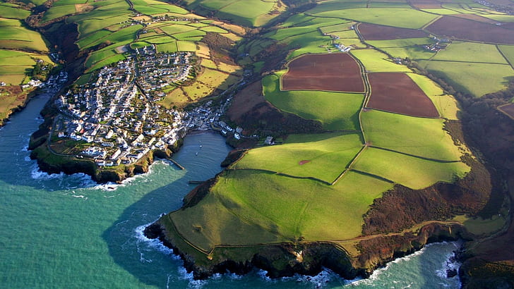 England  sea  coast  ports  house  landscape  ship  Port Isaac  trees  field  shadow  aerial view  birds eye view  waves  cliff  rock  town  nature  UK, HD wallpaper