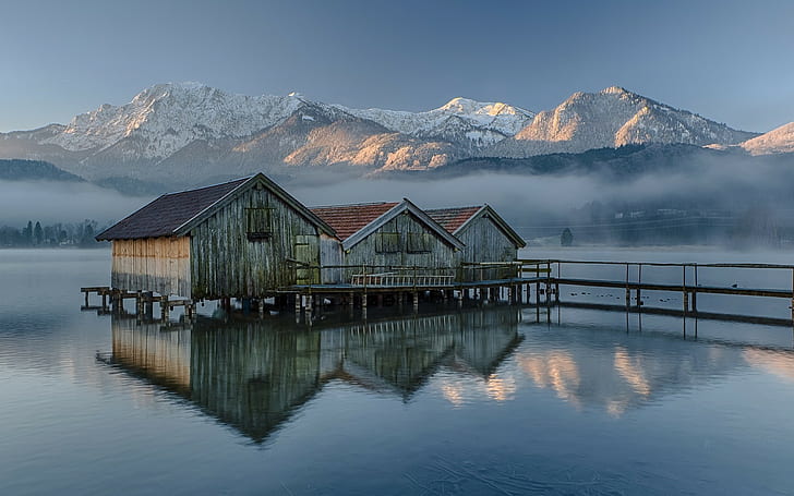 nature, Lake Kochel, mist, landscape, boat houses, mountains