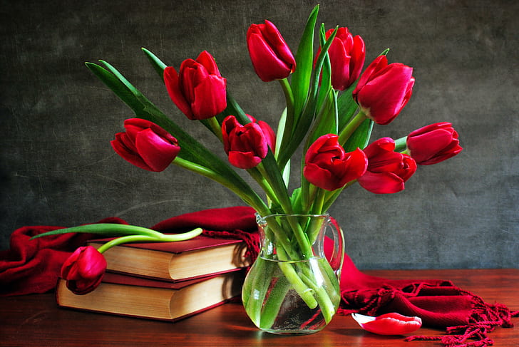 Red tulips vases flower arrangements books, flowers