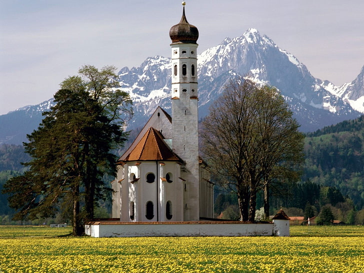architecture, church, mountains, trees, Bavaria, Germany, built structure, HD wallpaper