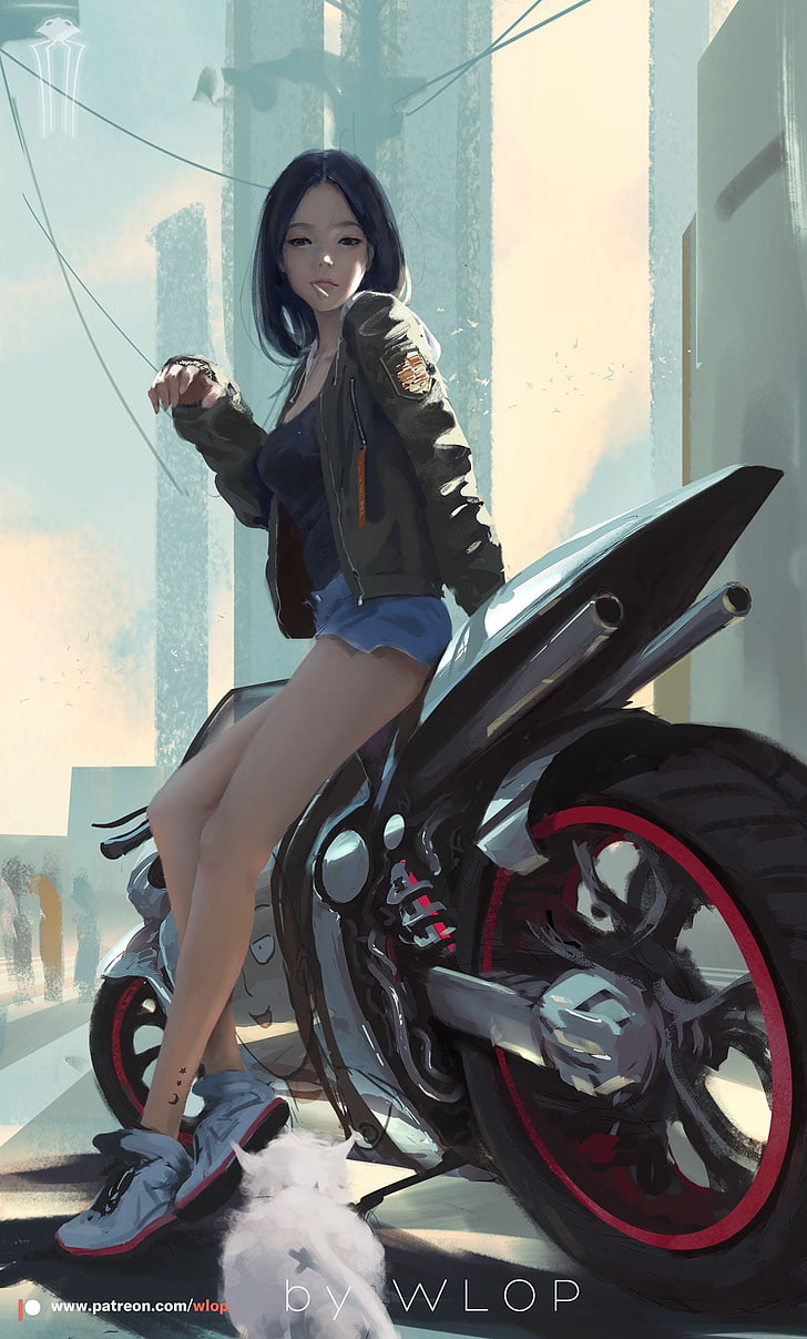 woman sitting on sports bike illustration, WLOP, anime girls