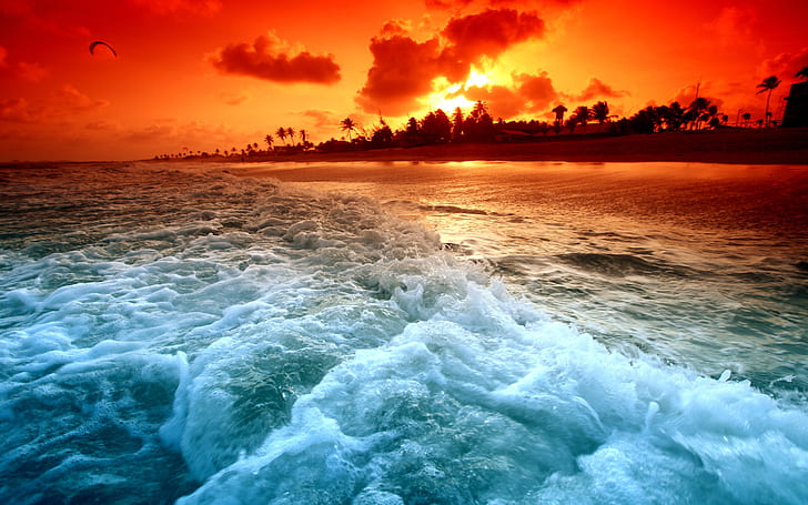 Beach sunset and beach waves, long beach with rough water, HD wallpaper
