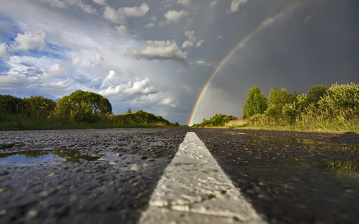 Rainbow after Rain, white road line, summer, way, sky, clouds, HD wallpaper