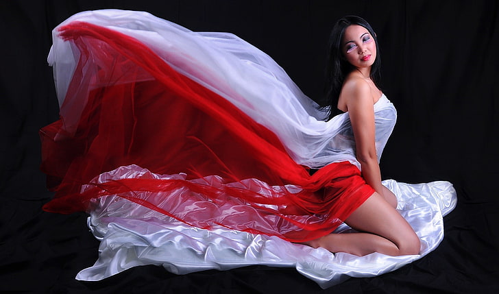 women's white and red dress, girl, face, eyelashes, makeup, silk, HD wallpaper