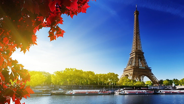 Eiffel Tower, Paris painting, Eiffel Tower near trees and body of water, HD wallpaper