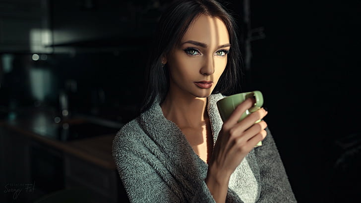 Kseniya Alekseevskaya, eyes, women indoors, long hair, bathrobes
