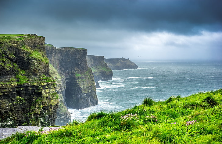 Cliffs of Moher, Ireland, Europe, Ocean, Travel, Landscape, Grass, HD wallpaper
