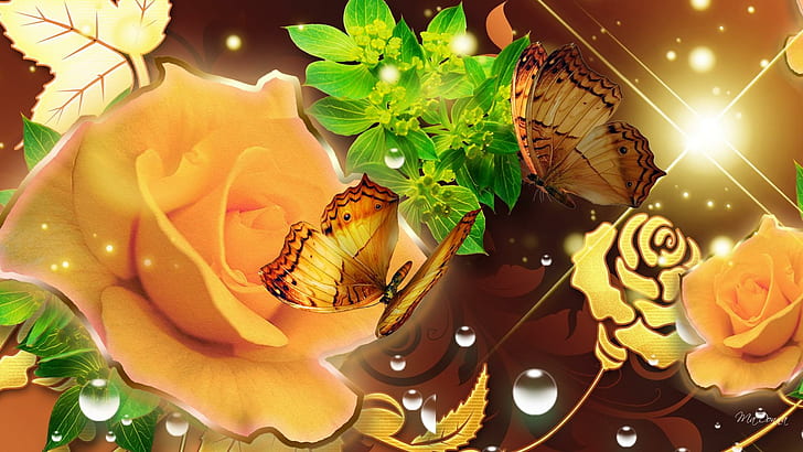 Golden Roses Golden Butterflies, firefox persona, stars, butterfly, HD wallpaper