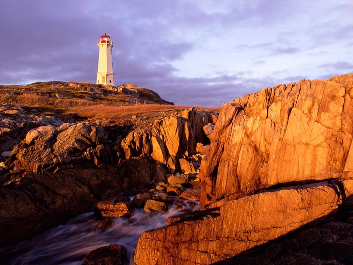 lighthouse, rocks, creeks, dusk, outdoors, rock - object, solid