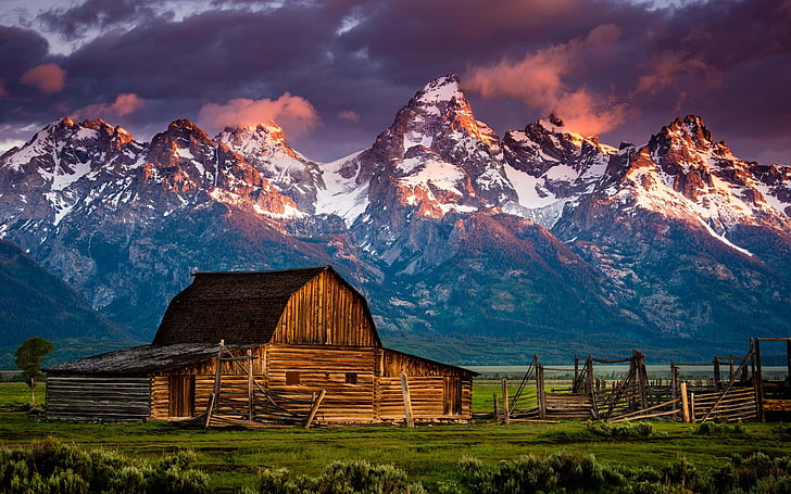 brown wooden barn, Rocky Mountains, nature, landscape, snow, color correction