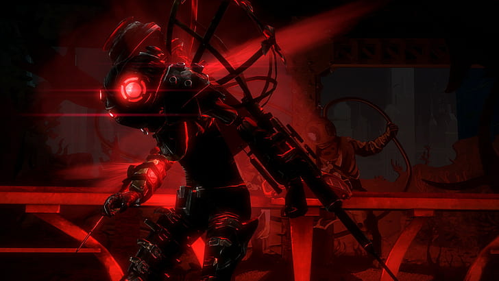 video games bioshock 2, red, robot, technology, indoors, people