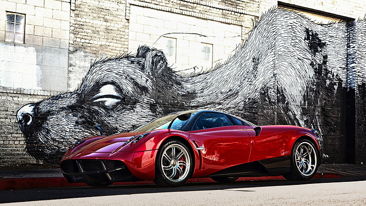 vehicle, car, Pagani Huayra, sports car, red cars, wall, artwork