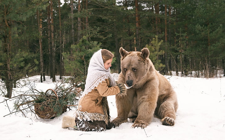 women, winter, snow, bears, animals, mammal, cold temperature, HD wallpaper