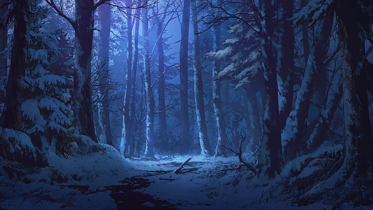 snow, stream, twilight, art, winter forest, Iku Can To Ada, HD wallpaper