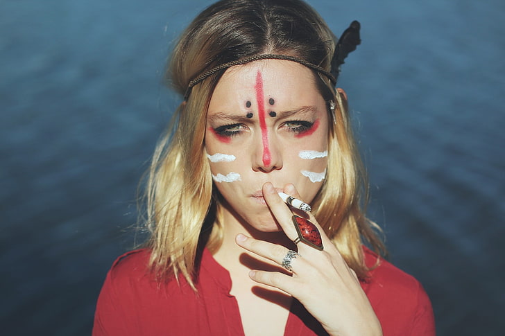 women, smoking, cigarettes, headband, feathers, face paint, HD wallpaper