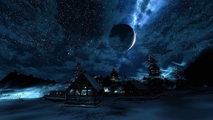 snow-covered village during night wallpaper, The Elder Scrolls V: Skyrim