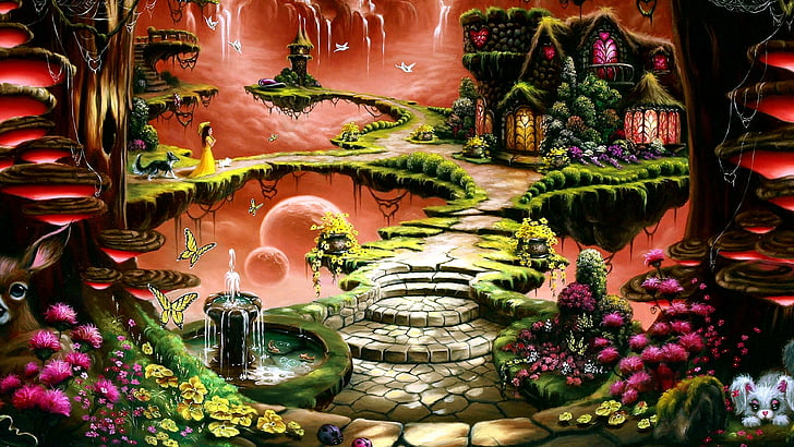 fantasy land, fantasy art, white rabbit, garden, float, fountain