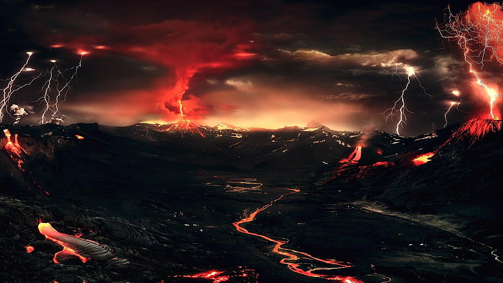 volcano, disaster, doomsday, smoke, fantasy art, lightning