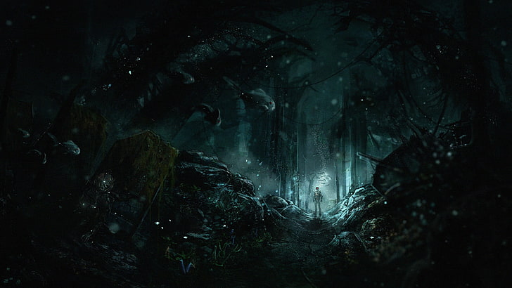 illustration of dark forest, SOMA, Frictional Games, underwater