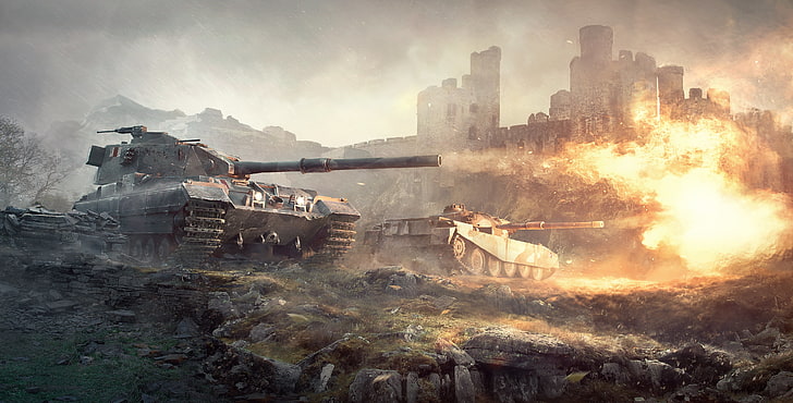 gray fighter tank digital wallpaper, castle, flame, shot, tanks HD wallpaper