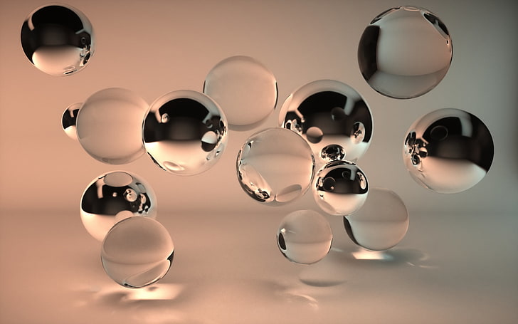 clear glass ball lot, water drops, CGI, digital art, reflection