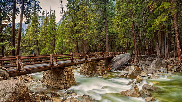 Yosemite National Park Is In California’s Sierra Nevada Mountains. Wooden Bridge River With Rocky Trough Forest Pine Trees Desktop Wallpaper Hd 1920×1080