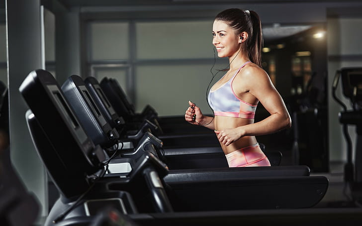 Girl, Gym, Running, Treadmill, Smiling, Sport, Earphones, 1920x1200