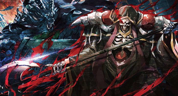 HD wallpaper: overlord iii, ainz ooal gown, spear, skull, artwork, Anime