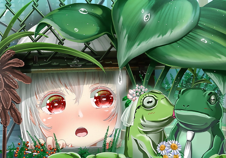 Anime, Original, Cute, Frog, Girl, Leaf, Red Eyes, Water, White Hair