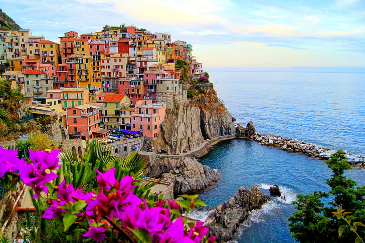 Cinque Terre, Italy, sea, landscape, flowers, nature, the city, HD wallpaper