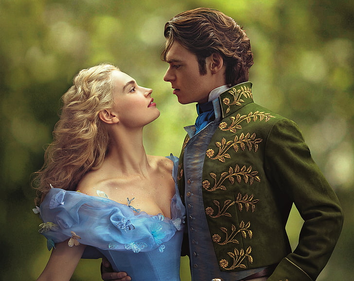 Cinderella and Prince 2015, women's blue flora- v-neck dress, HD wallpaper