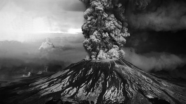 monochrome, volcano, smoke - physical structure, cloud - sky, HD wallpaper