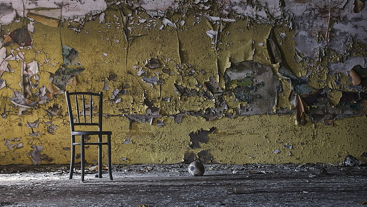 gray chair, abandoned, wall, balls, soccer ball, ruin, animal themes