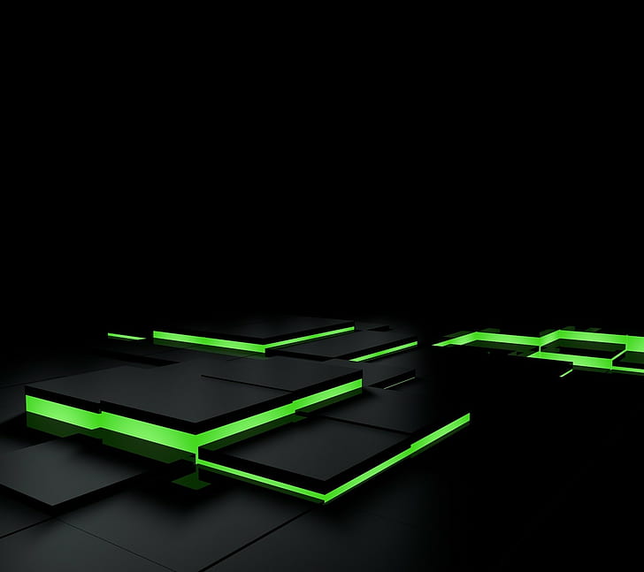abstract black green 3d blocks square tiles, green color, no people, HD wallpaper