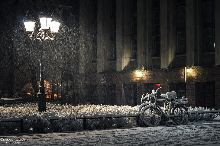 photography, city, snow, bicycle, transportation, illuminated