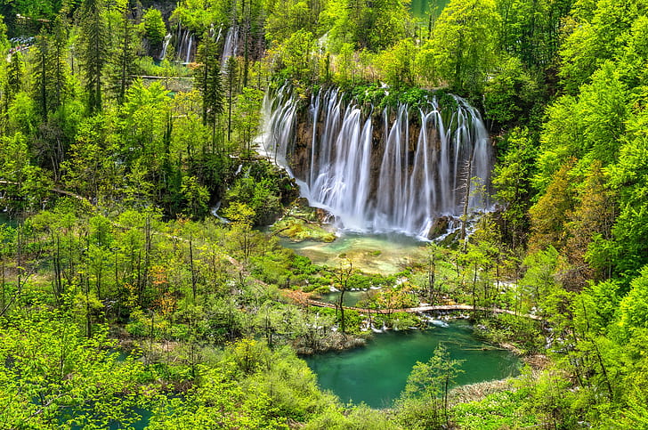 landscape, waterfall, park, green, nature, pond, forest, Croatia, HD wallpaper