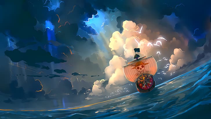 One Piece, Pirate ship, Pirate Flag, clouds, sea, seagulls