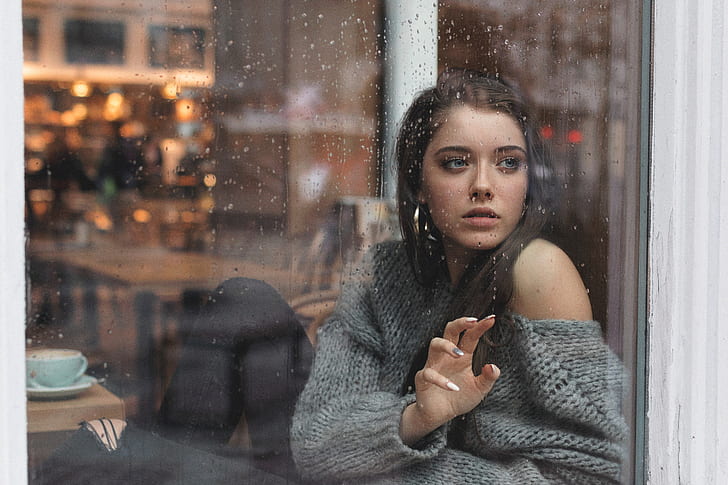 women, brunette, long hair, blue eyes, window, rain, face, sweater