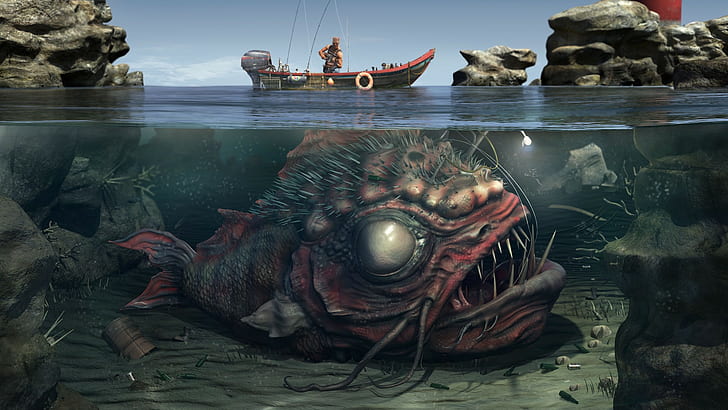 creature, fish, underwater, artwork, boat, HD wallpaper