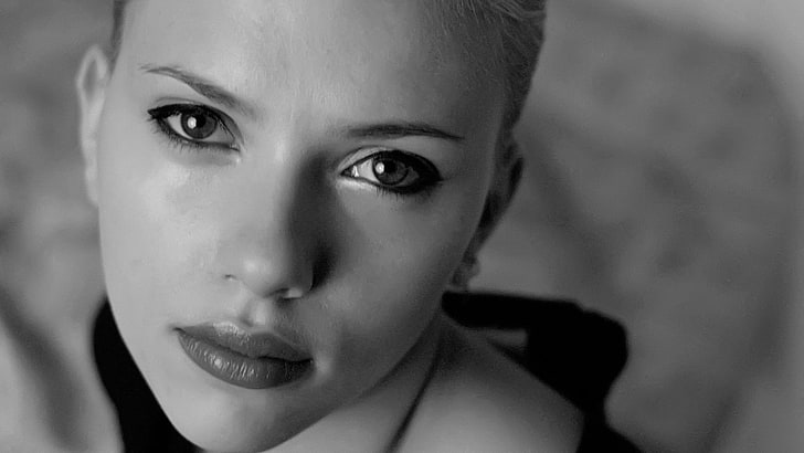 Scarlett Johansson, women, face, monochrome, actress, portrait