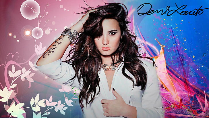 Demi Lovato, musician, singer, women, brunette, fan art, tattoo