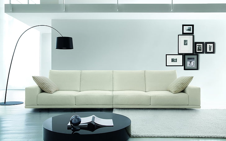 beige suede 3-seat sofa, room, design, chandelier, table, picture, HD wallpaper