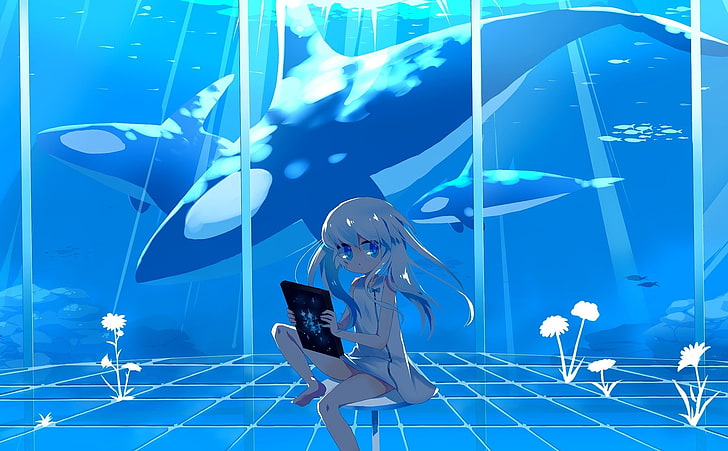 anime girls, whale, flowers, technology, wireless technology
