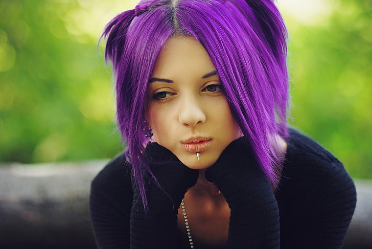 women, dyed hair, face, piercing, purple hair, portrait, front view, HD wallpaper