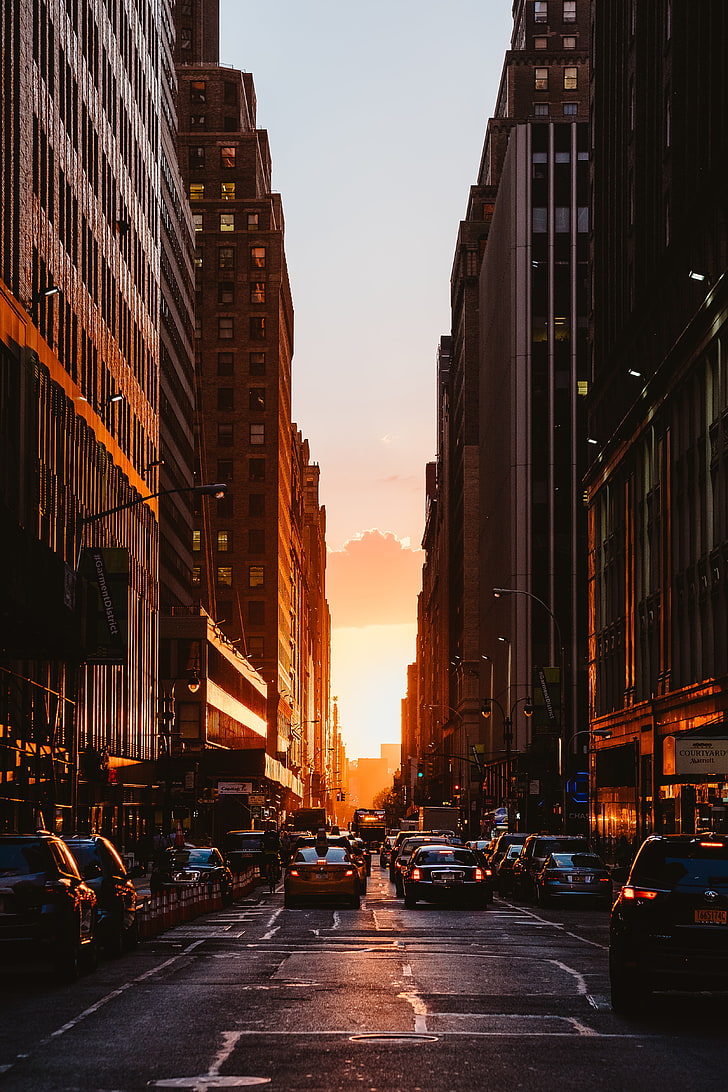 red sedan, city, sunset, new york, buildings, cars, street, urban Scene