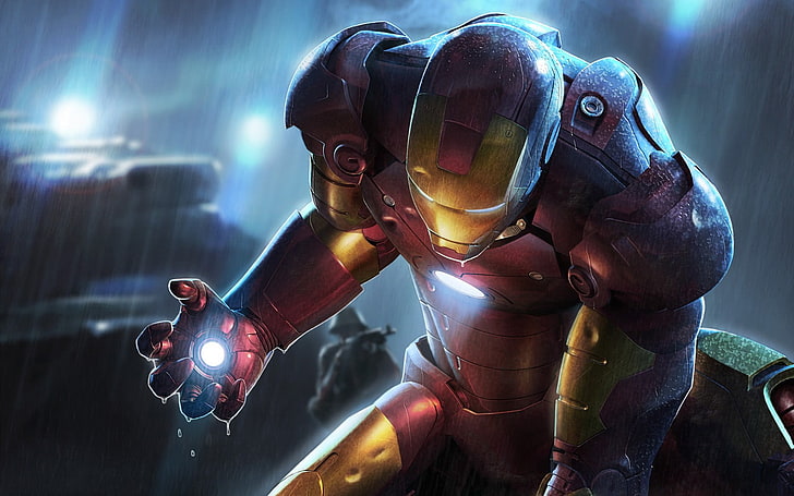 Iron Man illustration, Marvel Comics, digital art, artwork, rain, HD wallpaper